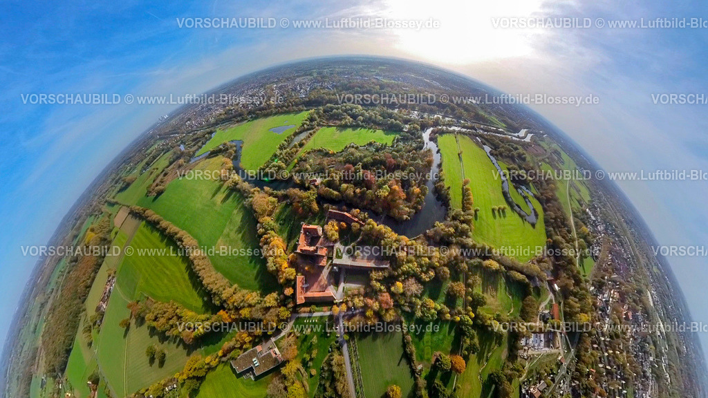 Hamm20221020_11_Schloss-Heessen | Luftbild, Schloss Heessen, Herbstwald, Fluss Lippe, Fisheye Aufnahme, Fischaugen Aufnahme, 360 Grad Aufnahme, Hamm, Ruhrgebiet, Nordrhein-Westfalen, Deutschland