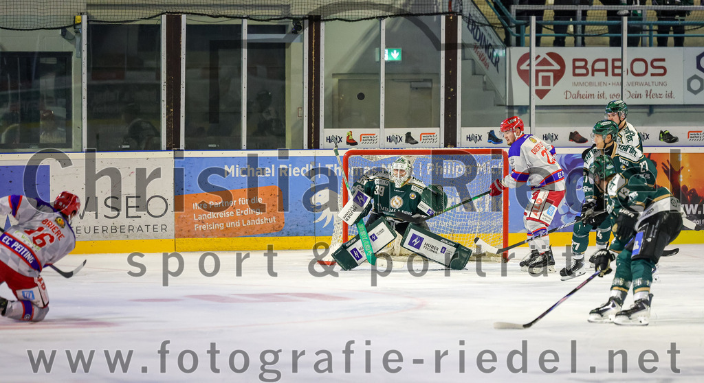 2025-09-14_097_TSV_Erding_gegen_EC_Peiting | Erding, Deutschland, 14.09.2025:Eishockey, Oberliga Süd 2025 / 2026, Testspiel, TSV Erding gegen EC Peiting, Endergebnis: 2:3Carson Briere (EC Peiting, #16), Torwart Leon Meder (Erding Gladiators, #39), David Diebolder (EC Peiting, #23), Mark Waldhausen (Erding Gladiators, #27), Björn Salhi (Erding Gladiators, #13)Foto: Christian Riedel / fotografie-riedel.net