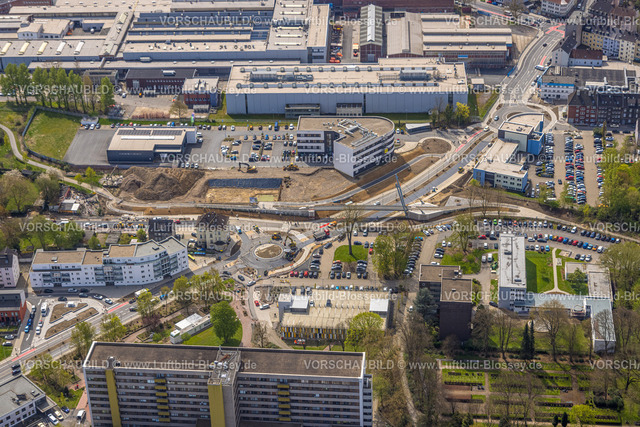 Witten230402411 | Luftbild, Pferdebachstraße Baustelle mit Sanierung, neuer Kreisverkehr, Rheinischer Esel Radwegbrücke, Ärztehaus Pferdebachstraße, Sonnenschein, Witten, Ruhrgebiet, Nordrhein-Westfalen, Deutschland