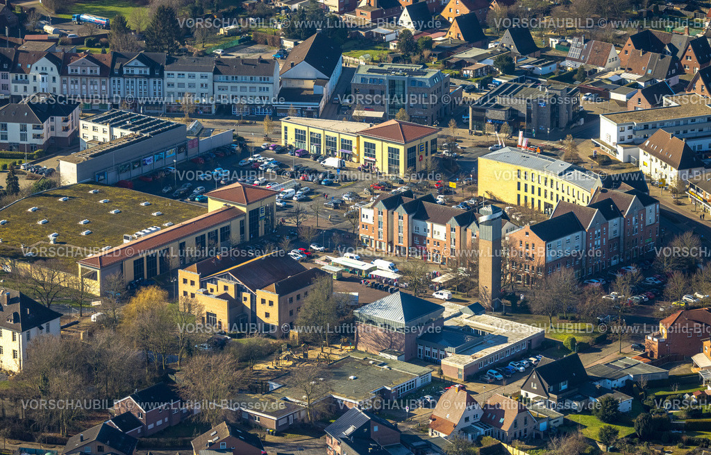 Selm230205495 | Luftbild, City, Bürgerhaus und Volkshochschule, Ev. Kirche am Markt, Edeka Supermarkt, Willy-Brandt-Platz, Beifang, Selm, Münsterland, Nordrhein-Westfalen, Deutschland