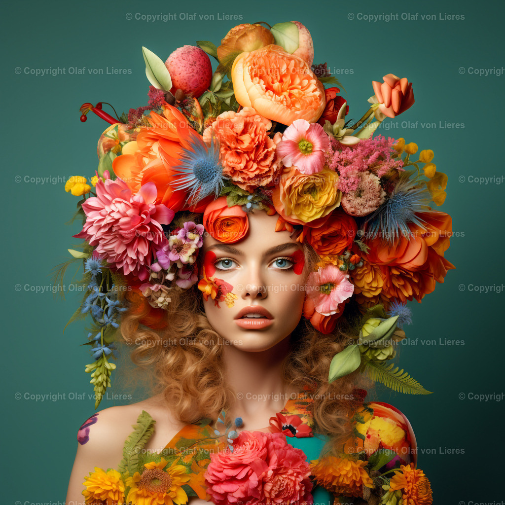 Blumen auf grünem Hintergrund | Blumenmädchen mit Haar aus Blumen