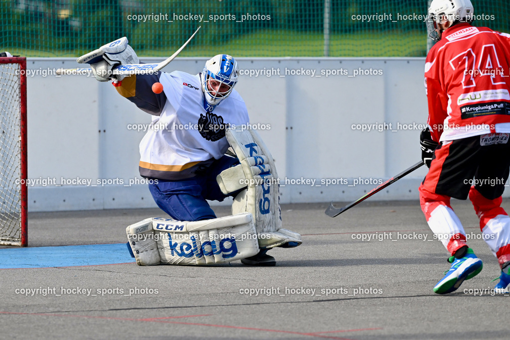 VAS Ballhockey vs. HSC Eagles Poggersdorf | #70 Moser Lukas, #74 Topelzer Daniel, VAS Ballhockey vs. HSC Eagles Poggersdorf, VAS Ballhockey vs. HSC Eagles Poggersdorf am 14.07.2024 in Villach (Alpen Arena ), Austria, (Photo by Bernd Stefan)
