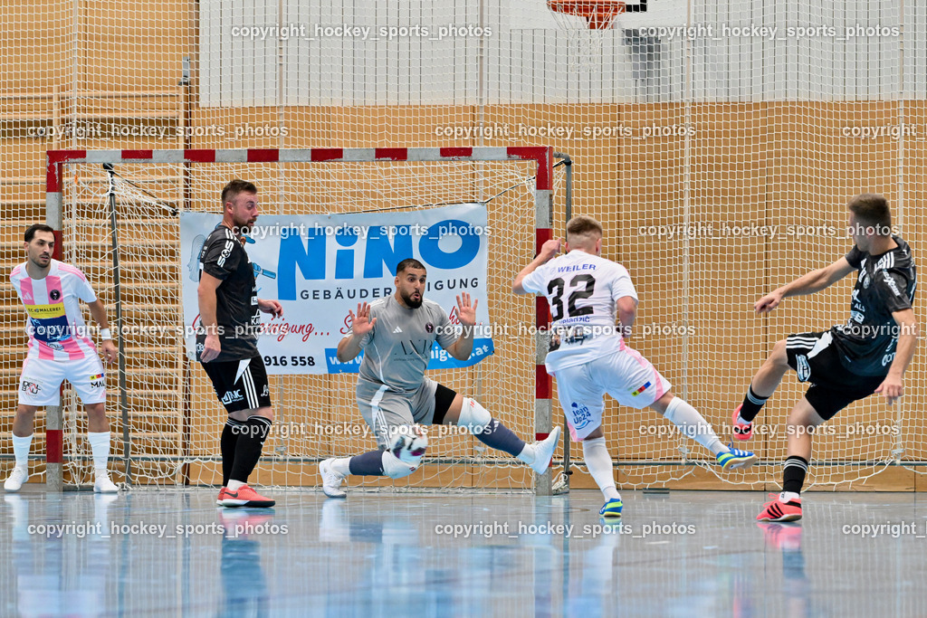 Carinthia Flamengo Futsal Club vs. FC Ljuti Krajisnici | #11 Kenan Ramic FC Ljuti Krajisnici, #32 Smajl Delic Carinthia Flamengo, #1 Youssef Helal Carinthia Flamengo, #77 Seid Suljkanovic FC Ljuti Krajisnici, #70 Yosifov Svetlozar Angelov Carinthia Flamengo, Carinthia Flamengo Futsal Club vs. FC Ljuti Krajisnici, Carinthia Flamengo Fusal Club vs. FC Ljuti Krajisnici am 12.10.2025 in Klagenfurt (Ballspielhalle Viktring), Austria, (Photo by Bernd Stefan)
