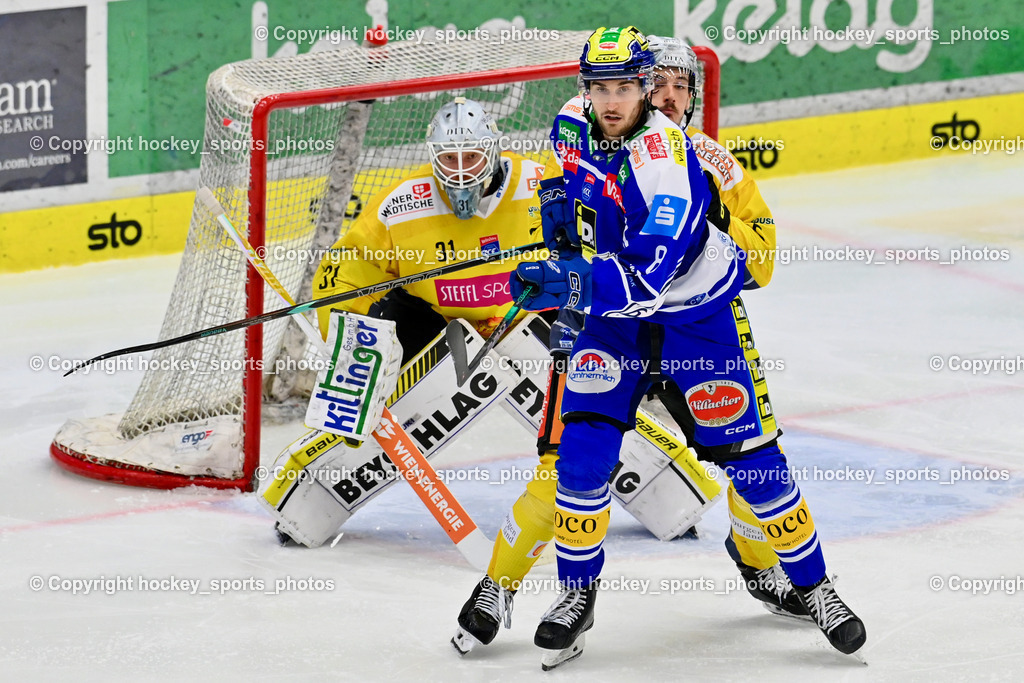 EC IDM WÄRMEPUMPEN VSV vs. Vienna Capitals | #31 Evan Cowley Vienna Capitals, #8 Maximilian Rebernig EC VSV, EC IDM WÄRMEPUMPEN VSV vs. Vienna Capitals, EC IDM WÄRMEPUMPEN VSV vs. Vienna Capitals am 16.11.2025 in Villach (Stadthalle Villach), Austria, (Photo by Bernd Stefan)