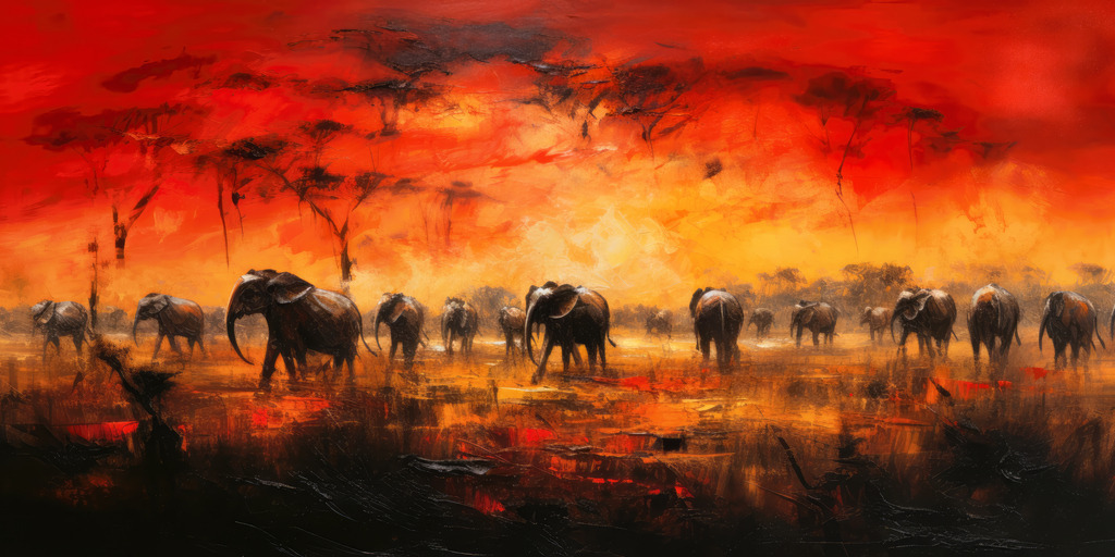 2307195 - Elefantenherde | Ein besonders schönes farbintensives Bild einer abstrakten afrikanischen Landschaft mit einer Elefantenherde. Dieses einzigartige digitale Motiv wirk an Ihrer Wand wie ein Gemälde.