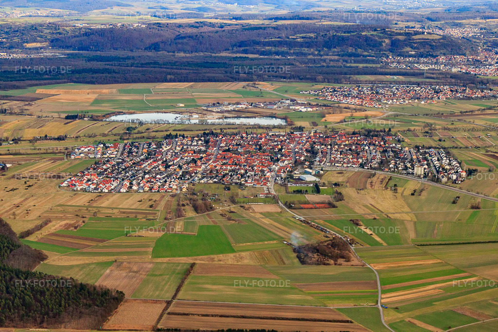 Luftbild: Ortsansicht aus Westen im Ortsteil Spöck in Stutensee im Bundesland Baden-Württemberg in Deutschland. Foto: IMG_24595.jpg vom 27.02.2010 durch Werner Riehm/FLY-FOTO.de