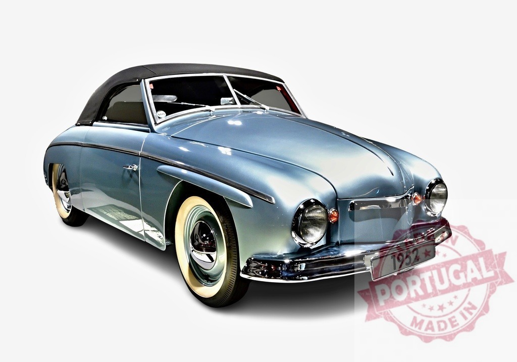 Borgward Hansa 1500 Cabriolet posing in a studio | Light blue Borgward Hansa 1500 Cabriolet from 1952 posing in a studio with white background - Realized with Pictrs.com
