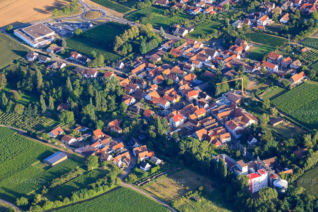 Luftbild: Dorfansicht von Nordwesten mit EDEKA Paul und Bischoff Mühle im Ortsteil Appenhofen in Billigheim-Ingenheim im Bundesland Rheinland-Pfalz in Deutschland. Foto: IMG_51354.jpg vom 04.08.2012 durch Werner Riehm/FLY-FOTO.deAuflösung des Originals: 4752 x 3168 px