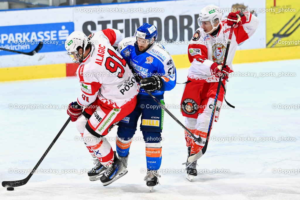ESC Sparkasse Steindorf vs. ESV Ferlach | #91 Alagic Adis ESV Ferlach, #57 Wilfan Franz ESC Steindorf, #10 Zusevics Zintis Nauris ESV Ferlach, ESC Sparkasse Steindorf vs. ESV Ferlach, ESC Sparkasse Steindorf vs. ESV Ferlach am 22.02.2026 in Steindorf  (Ossiachersee Halle ), Austria, (Photo by Bernd Stefan)