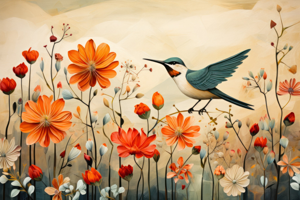 2308003 - Kolibri | Bestellen Sie dieses illustrative digitale Gemälde eines Kolibris mit Blumen als hochwertigen Kunstruck auf Leinwand, Acrylglas, Alu-Dibond oder als Poster.