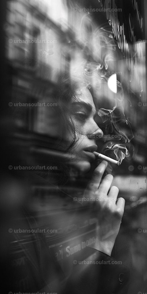 Smoking Window Woman | A moody black-and-white photograph of a woman smoking by a window, enveloped in mystery and reflection. Perfect for fans of cinematic, introspective art, this piece brings an atmospheric touch to any space. - Realisiert mit Pictrs.com