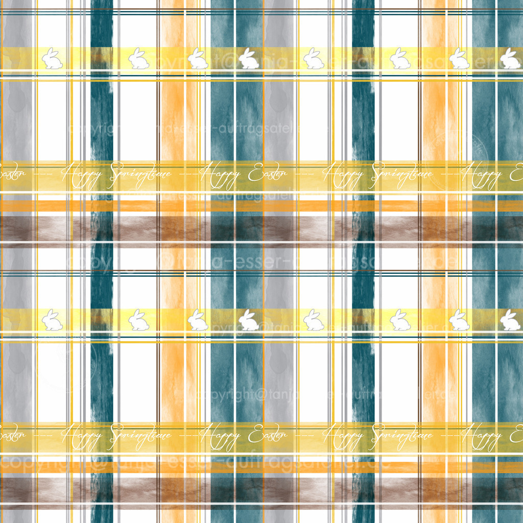 Karo Texte Englisch Hasen Endlosmuster D | Neues Endlos Karo Design. Farbkonzept aus Orange, Braun, Weiß und Petrol. Nahtloses Schottenkaro enthält kleine sitzende Hasen und englischen Text Happy Easter und Happy Springtime. Aquarell Textur. 