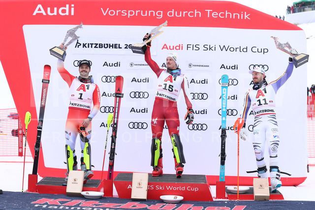 Audi FIS Ski World Cup: Men’s Slalom – Hahnenkamm Race, Kitzbuehel | Kitzbuehel, Austria, 25.Jan.26 - Alpine Skiing - FIS World Cup, Hahnenkamm Race, Slalom, men. The image shows MEILLARD Loic (SUI, Rossignol) second place, FELLER Manuel (AUT, Atomic) first place and STRASSER Linus (GER, Head) third place with gams.
