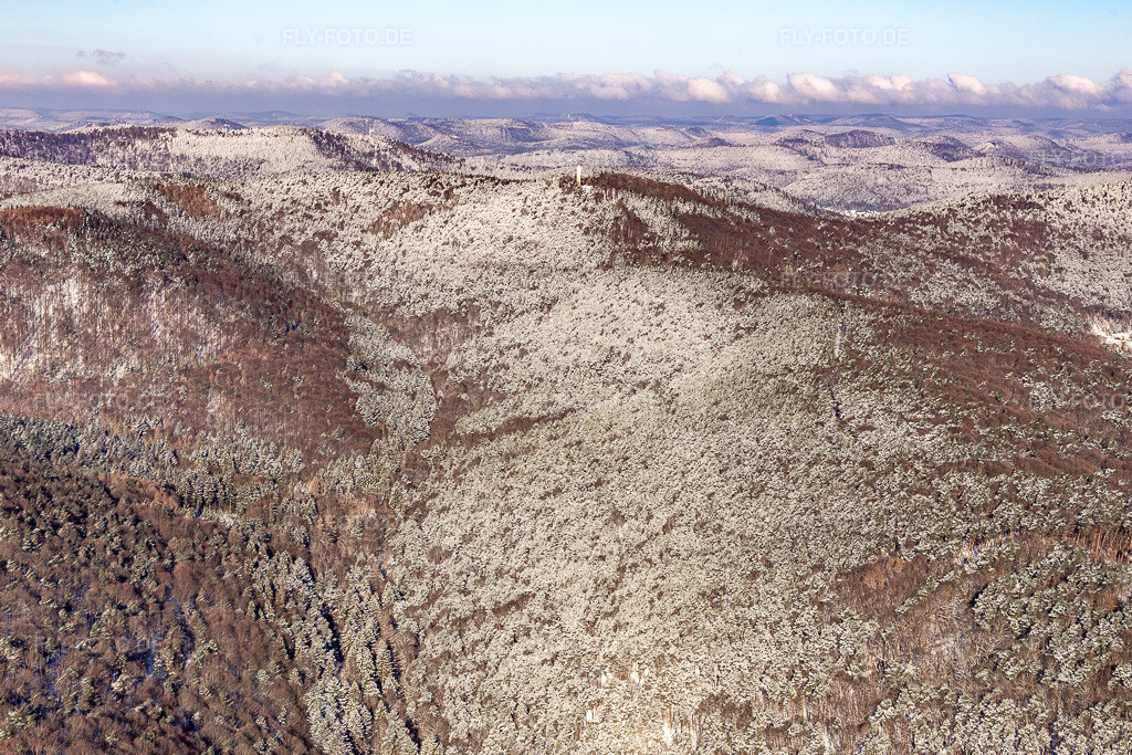 Luftbild: Winterluftbild im Schnee vom Dierbachtal mit Stäffelsbergturm in Dörrenbach im Bundesland Rheinland-Pfalz in Deutschland. Foto: IMG_124380.jpg vom 11.02.2021 durch Werner Riehm/FLY-FOTO.de