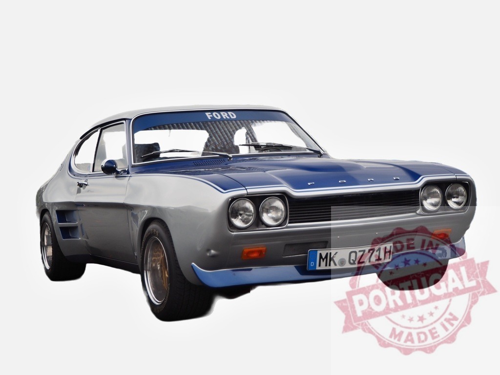 Ford Capri shining in blue and gray, exhibiting timeless elegance and power | Classic Ford Capri showcasing its restored beauty, blending vintage charm with modern enhancements - Realized with Pictrs.com