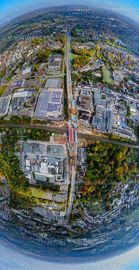 Bochum241090413A40SperrungFreudenbergstrasse-2 | Luftbild, Vollsperrung der Autobahn A40 am Ersatzneubau und Brückenbau Schlachthofbrücke über die Bahnschienen am Schlachthof, Freudenbergstraße, Erdkugel, Fisheye Aufnahme, Fischaugen Aufnahme, 360 Grad Aufnahme, tiny world, little planet, fisheye Bild, Hamme, Bochum, Ruhrgebiet, Nordrhein-Westfalen, Deutschland