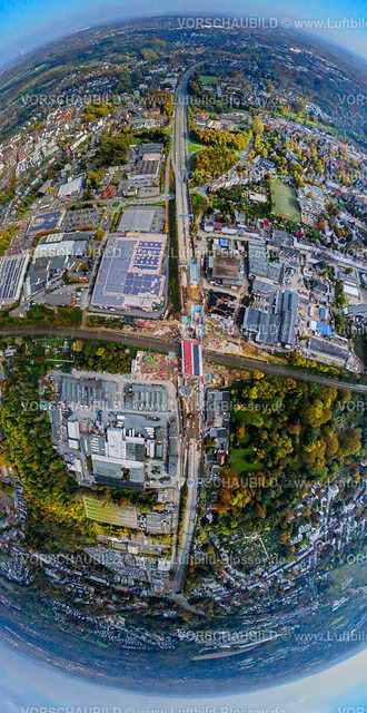 Bochum241090413A40SperrungFreudenbergstrasse-2 | Luftbild, Vollsperrung der Autobahn A40 am Ersatzneubau und Brückenbau Schlachthofbrücke über die Bahnschienen am Schlachthof, Freudenbergstraße, Erdkugel, Fisheye Aufnahme, Fischaugen Aufnahme, 360 Grad Aufnahme, tiny world, little planet, fisheye Bild, Hamme, Bochum, Ruhrgebiet, Nordrhein-Westfalen, Deutschland