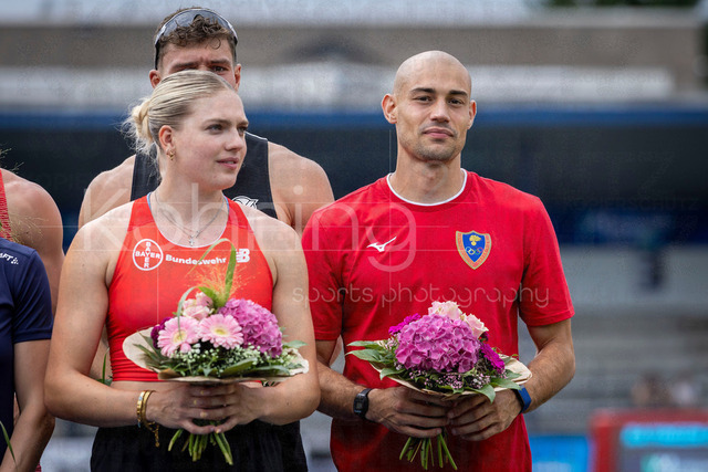 Multisport Event; Ratingen, 28.06.2026 | RATINGEN, GERMANY - JUNE 28, 2026 :  Marie Dehning (GER / Germany) and Dario Dester (ITA / Italy) at the medal ceremony during the Multisport Event at Stadion Ratingen on June 28, 2026 in Ratingen, Germany.