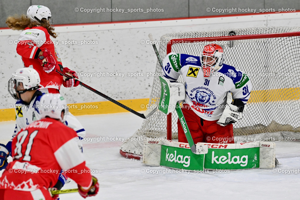 ESV Ferlach vs. UECR Eisbären Huben | #9 Steiner Markus ESV Ferlach, #31 Sicher Michael UECR EISBÄREN HUBEN, ESV Ferlach vs. UECR Eisbären Huben, ESV Ferlach vs. UECR Eisbären Huben am 31.10.2025 in Ferlach (HTC Eishalle Ferlach), Austria, (Photo by Bernd Stefan)