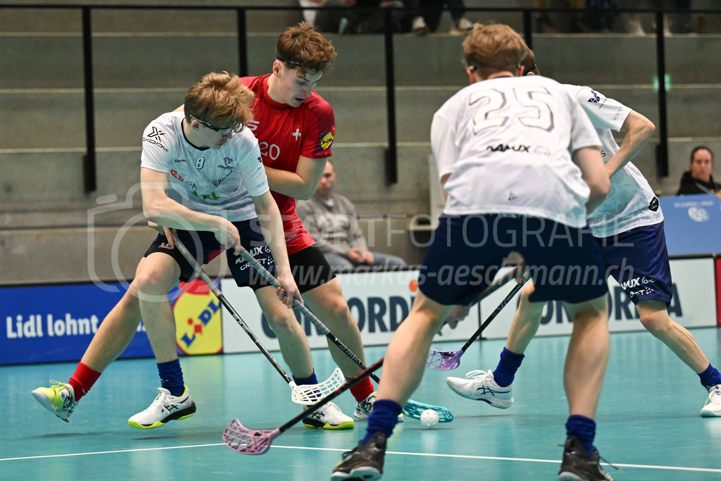 Switzerland B U19 vs Finland U19 - 2. February 2024 | Switzerland B U19 vs Finland U19
U19 Men International Matches in Switzerland
GoEasy Arena, Siggenthal Station
Switzerland forward #20 Jamie Martinjas tackles Finland defender #8 Martin Carlsson.
Credit: Markus Aeschimann | <a href="https://www.markus-aeschimann.ch">Sportfotografie Markus Aeschimann</a> | <a href="https://www.instagram.com/sportfotografie.aeschimann">@sportfotografie.aeschimann</a> - Realisiert mit Pictrs.com