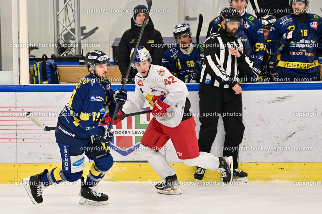 RED BULL HOCKEY JUNIORS vs. EK DIE ZELLER EISBÄREN | #19 Cuma Tyler EK DIE ZELLER EISBÄREN, #42 Lanzinger Florian RED BULL HOCKEY JUNIORS, ZACHERL Patrick Referee, RED BULL HOCKEY JUNIORS vs. EK DIE ZELLER EISBÄREN, RED BULL HOCKEY JUNIORS vs. EK DIE ZELLER EISBÄREN am 14.01.2025 in Salzburg (Eisarena Salzburg), Austria, (Photo by Bernd Stefan)