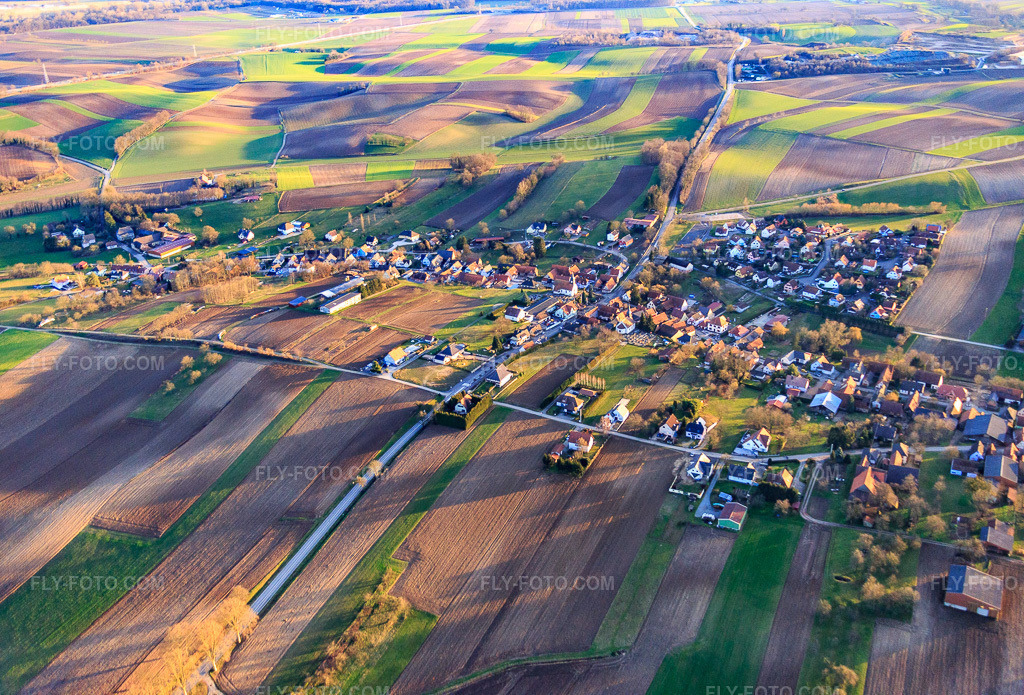Aerial view: Rue Napoleon in Wintzenbach in the state Bas-Rhin, France. – Photo: IMG_086033.jpg taken on 02/06/2016 by Werner Riehm/FLY-FOTO.com – Resolution of the original: 5374 x 3648 px