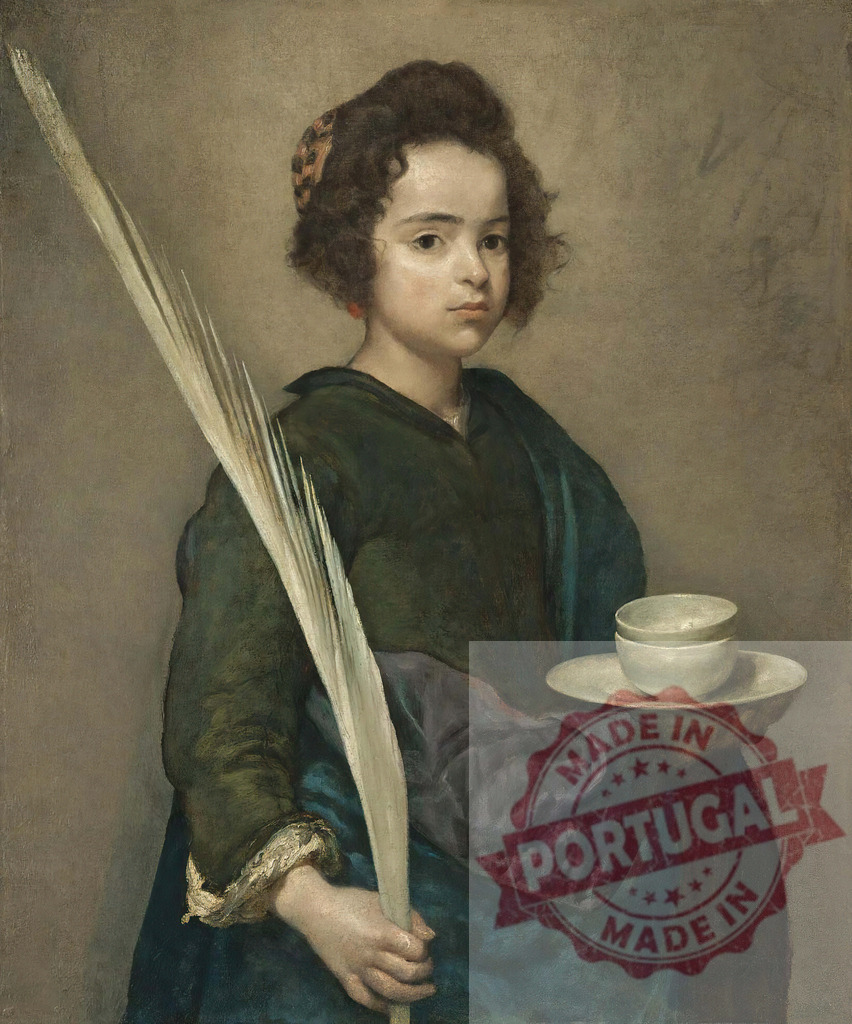 Diego Velazquez Saint Rufina holding palm frond and pottery | Saint Rufina standing with a palm frond and two ceramic bowls, a Baroque era painting - Realisiert mit Pictrs.com
