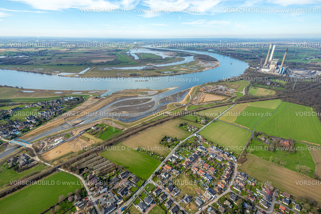 Dinslaken240309004 | Luftbild, Neue Emschermündung in den Fluss Rhein, blaue Brücke Hagelstraße, Eppinghoven, Dinslaken, Nordrhein-Westfalen, Deutschland