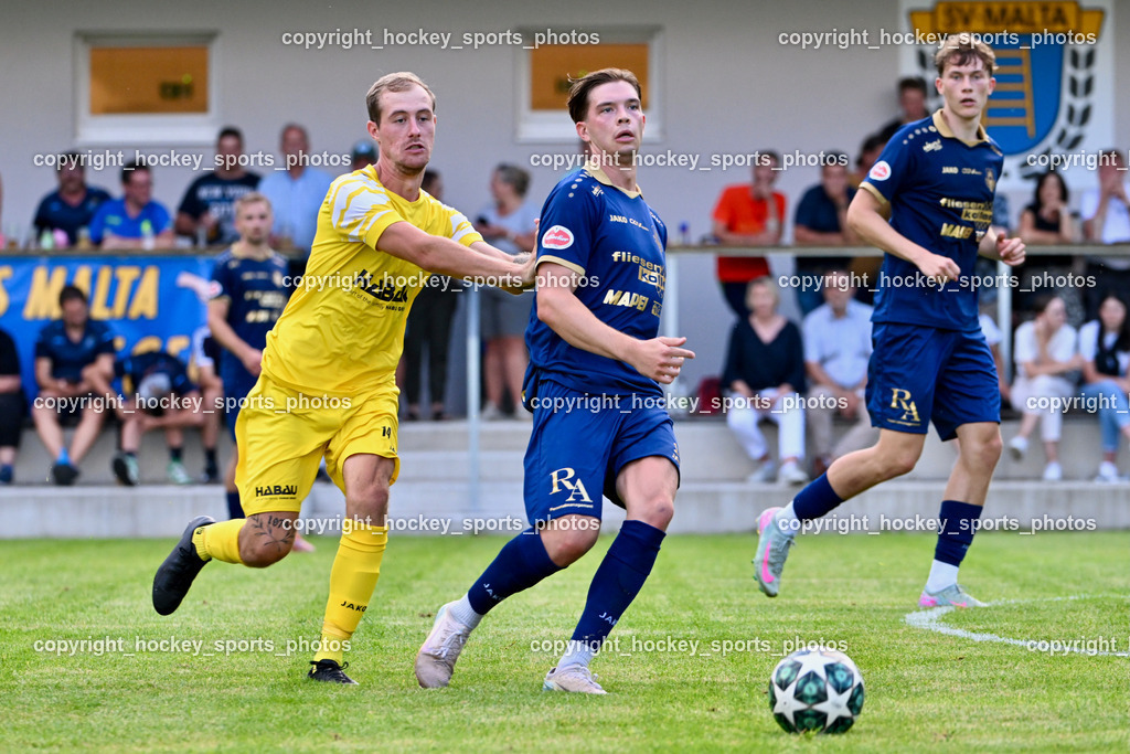 SV Malta vs. ATUS Velden | #14 Dominik Pacher SV Malta, #18 Nicolas Modritz ATUS Velden, #15 Emil Jantscher ATUS Velden, SV Malta vs. ATUS Velden, SV Malta vs. ATUS Velden am 19.08.2025 in Malta (Sportplatz Malta), Austria, (Photo by Bernd Stefan)