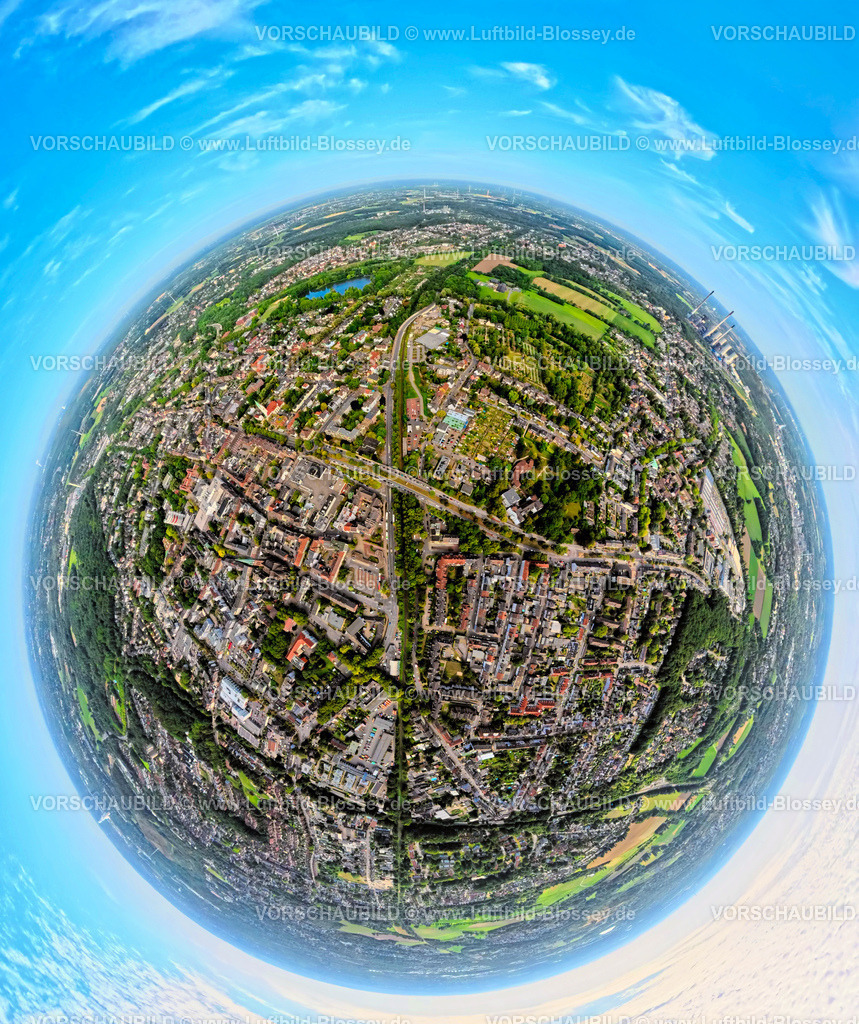 Gladbeck250890003MitteRathaus | Luftbild, Gladbeck City Innenstadt mit Rathaus, Zweckeler Straße und Buersche Straße Brücke, Erdkugel, Fisheye Aufnahme, Fischaugen Aufnahme, 360 Grad Aufnahme, tiny world, little planet, fisheye Bild, , Gladbeck, Ruhrgebiet, Nordrhein-Westfalen, Deutschland