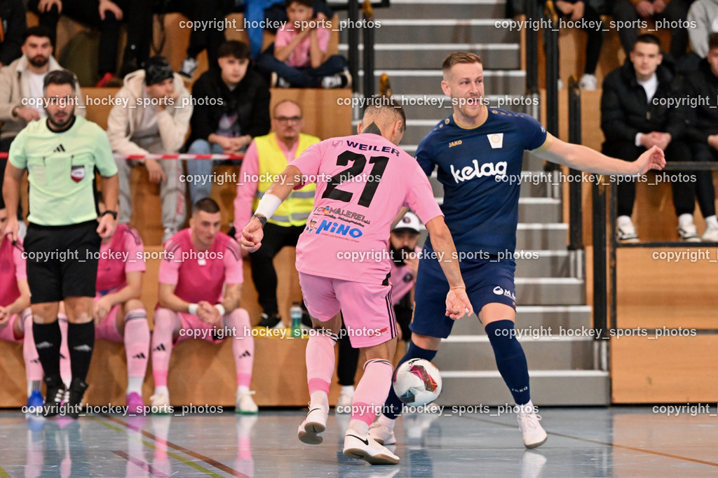 Carinthia Flamengo Futsal Club vs. Futsal Klagenfurt | #21 Robert Dimitrov Carinthia Flamengo, #9 Matic Lokovsek Futsal Klagenfurt, Carinthia Flamengo Futsal Club vs. Futsal Klagenfurt, Carinthia Flamengo Futsal Club vs. Futsal Klagenfurt am 01.12.2024 in Klagenfurt (Ballspielhalle Viktring), Austria, (Photo by Bernd Stefan)