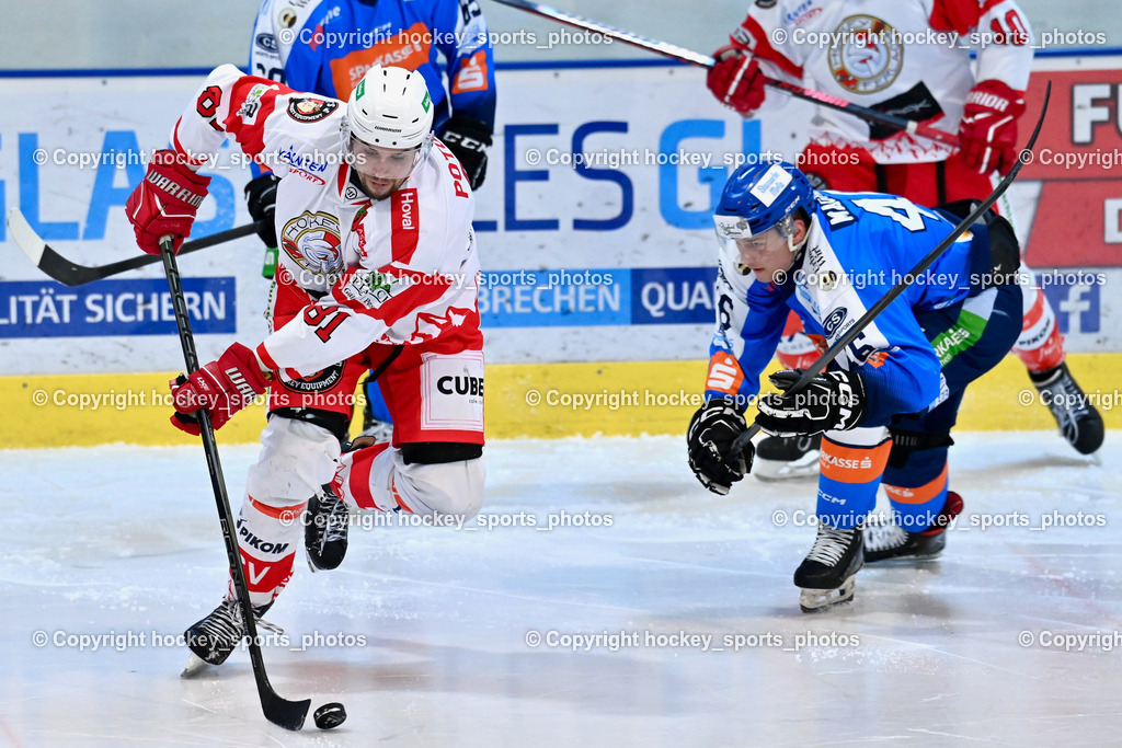 ESC Sparkasse Steindorf vs. ESV Ferlach | #81 Potocnik Kristof ESV Ferlach, #46 Maurer Julian ESC Steindorf, ESC Sparkasse Steindorf vs. ESV Ferlach, ESC Sparkasse Steindorf vs. ESV Ferlach am 22.02.2026 in Steindorf  (Ossiachersee Halle ), Austria, (Photo by Bernd Stefan)