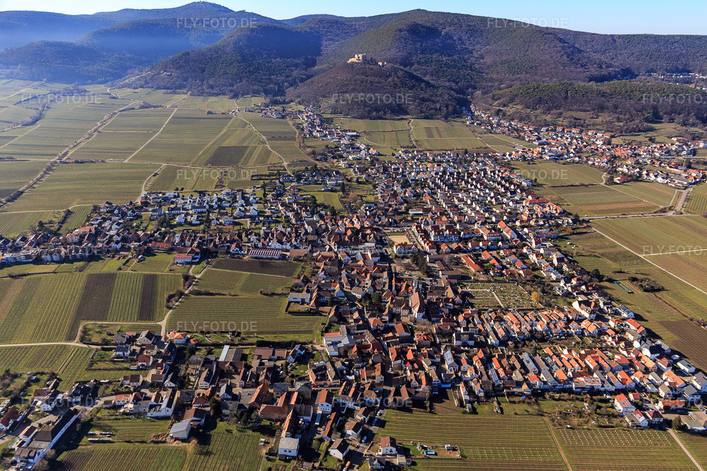 Luftbild: Ortsansicht aus Osten im Ortsteil Diedesfeld in Neustadt im Bundesland Rheinland-Pfalz in Deutschland. Foto: IMG_125338.jpg vom 21.02.2021 durch Werner Riehm/FLY-FOTO.de