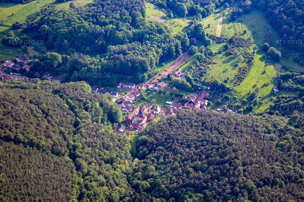 Luftbild: Dorfansicht im Pfälzerwald aus Norden im Ortsteil Blankenborn in Bad Bergzabern im Bundesland Rheinland-Pfalz in Deutschland. Foto: IMG_140701.jpg vom 20.05.2024 durch Werner Riehm/FLY-FOTO.de