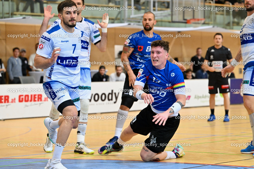 SC Ferlach vs. HC Linz AG 11.10.2023 | #7 GRGIC Mislav HC LINZ, #39 HAMZIC Arnad HC LINZ, #17 PAVLOV Hari SC Ferlach, #81 MILICEVIC Adrian SC Ferlach, SC Ferlach vs. HC Linz AG 11.10.2023, SC Ferlach vs. HC Linz AG am 11.10.2023 in Ferlach (Ballspielhalle Ferlach), Austria, (Photo by Bernd Stefan)