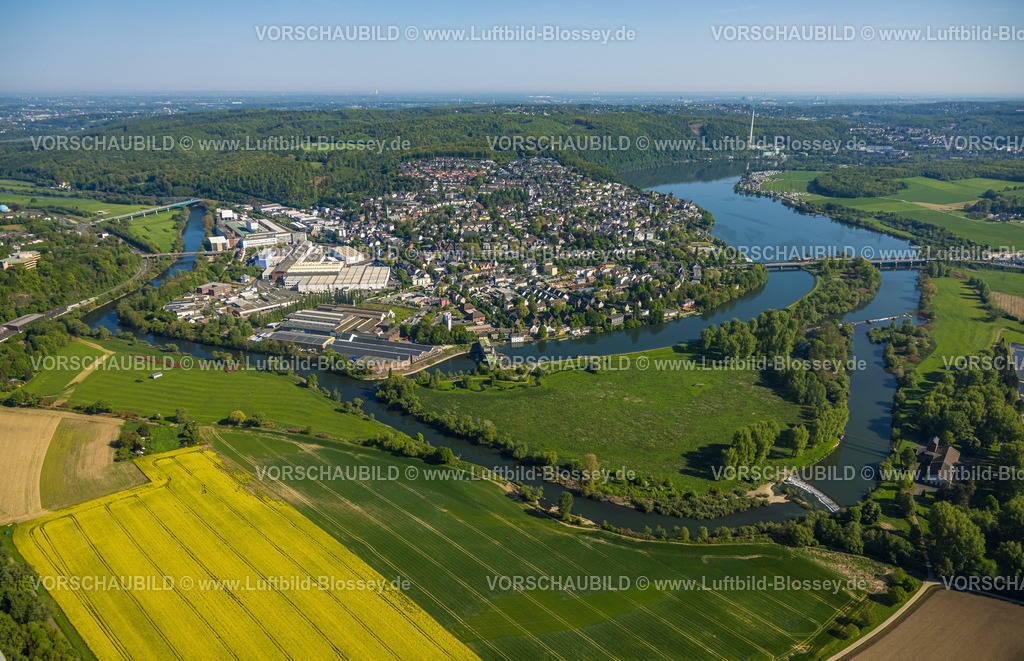 Wetter240503698 | Luftbild, Wohngebiet Ortsansicht, Fluss Ruhr Ruhraue mit Obergraben und Harkortsee, Ruhrbrücke Friedrichstraße, Gewerbegebiet Remestraße, hinten das Ardeygebirge, Wetter, Ruhrgebiet, Nordrhein-Westfalen, Deutschland