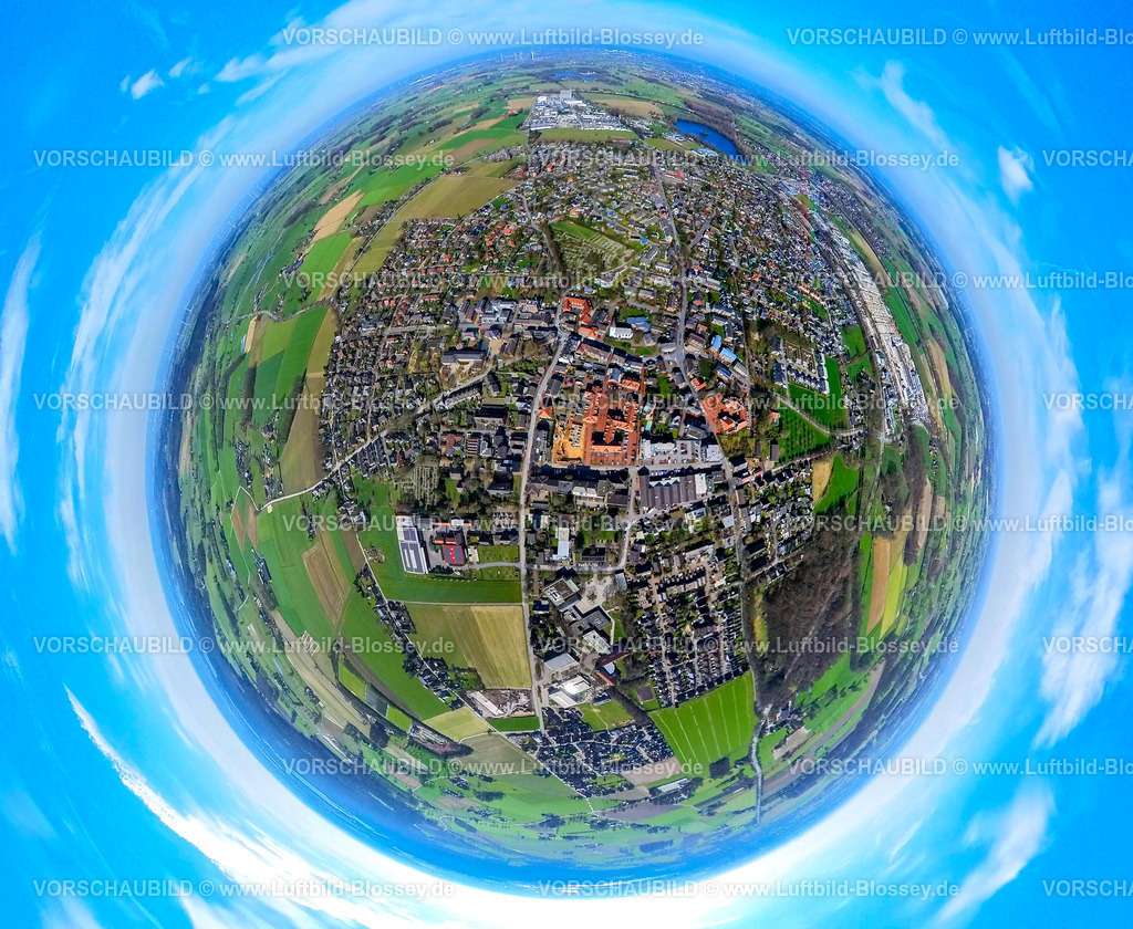 Hamminkeln240390092Mitte | Luftbild, Wohngebiet City Ortsmitte, Molkereiplatz und Rathaus Stadtverwaltung, Erdkugel, Fisheye Aufnahme, Fischaugen Aufnahme, 360 Grad Aufnahme, tiny world, little planet, fisheye Bild, Hamminkeln, Nordrhein-Westfalen, Deutschland