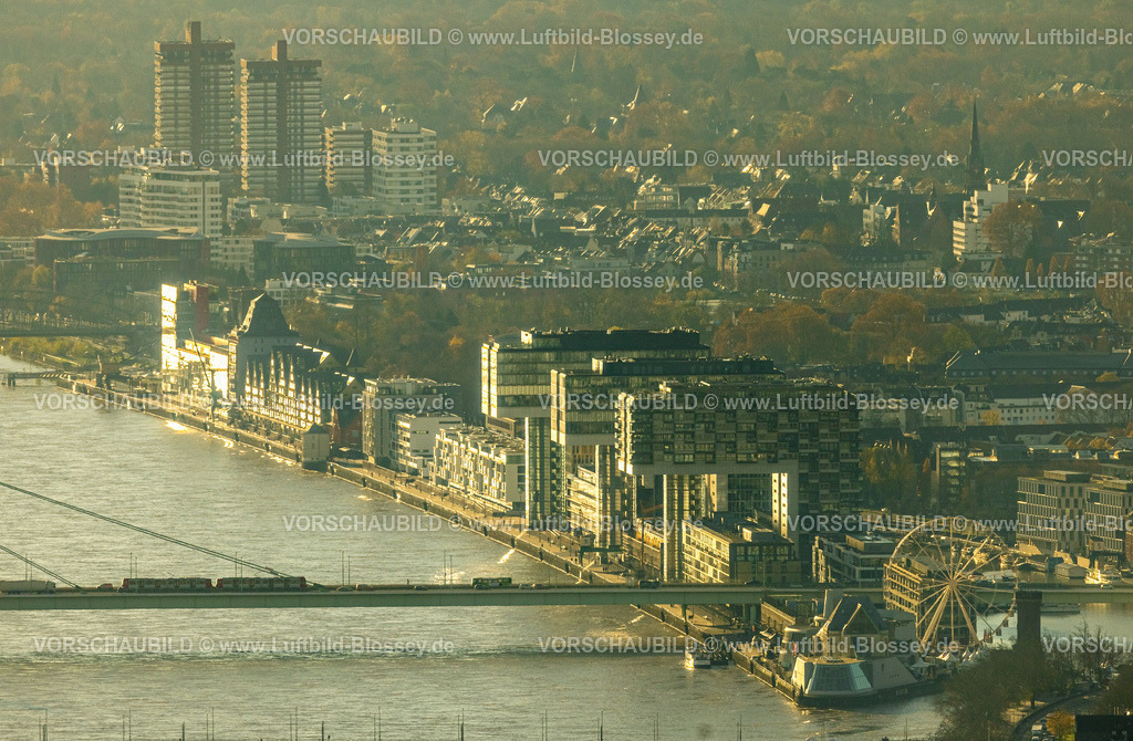 Koeln231104347 | Luftbild, Kranhäuser im Rheinauhafen Wohnquartier und Gewerbegebiet Wohngebiet und Gewerbegebiet am Fluss Rhein in Sepia-Farben und Zoobrücke, Altstadt, Köln, Rheinland, Nordrhein-Westfalen, Deutschland