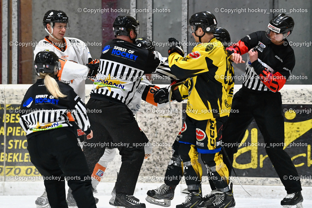 EC Spittal Hornets vs. USC Piraten Velden 7.2.2024 | #17 Hobitsch Samuel, #91 Bergmann Jonathan, #98 Thalhammer Dominic, #81 Sivec Peter Paul, Faustkampf, Wucherer Gerald, OREL Stephan, Klemm Anja, Referees