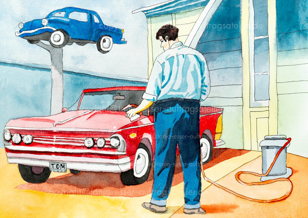 101 Aquarell Autohof  D | Aquarell auf Aquarellpapier zeigt einen Automechaniker auf einem Autohof, der einen roten Oldtimer wäscht. Im amerikanischen 50er Jahre Stil.