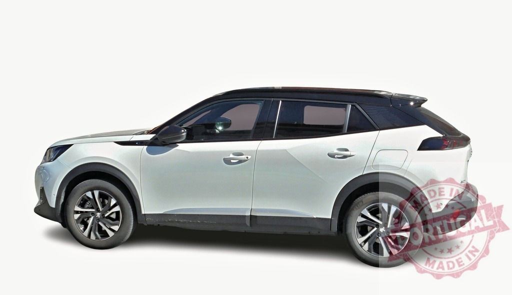 White Peugeot 2008 SUV parked on white background | Modern white Peugeot 2008 SUV with black roof parked on a seamless white background - Realized with Pictrs.com