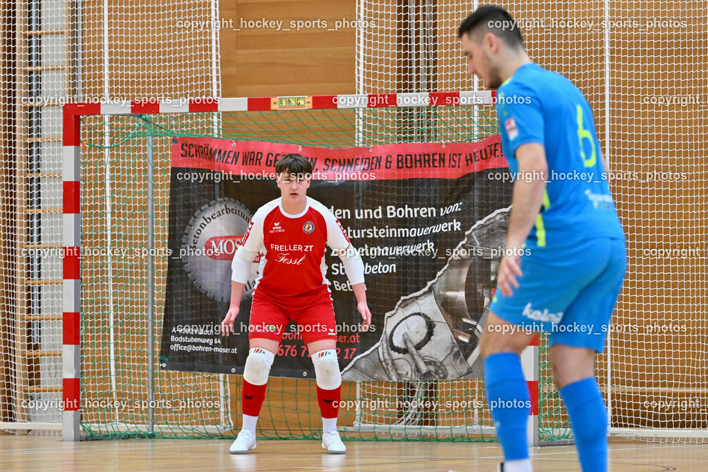 LPSV-Kärnten vs. FUTSAL versli.at Klagenfurt | #6 Marko Bubnjic versli.at Klagenfurt, #1 Armin Ibrahimovic LPSV-Kärnten, LPSV-Kärnten vs. FUTSAL versli.at Klagenfurt, LPSV-Kärnten vs. FUTSAL versli.at Klagenfurt am 01.02.2026 in Villach (Ballspielhalle St. Martin), Austria, (Photo by Bernd Stefan)