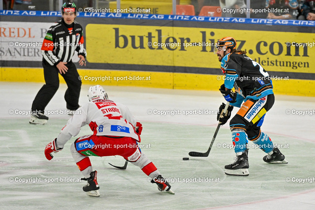 AUT, ICE, Black Wings Linz vs KAC | 24.09.2024, Eishalle Linz, AUT, ICE Eishockey Liga, Black Wings Linz vs KAC, im Bild Steven Strong of EC KAC v Shawn St-Amant of Steinbach Black Wings Linz// ICE bet-at-home Hockey League Match between Black Wings Linz and KAC in Linz, Austria on 2024/09/24