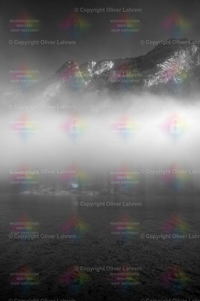 Die Halbinsel im Reitl unter Nebel | Die Wildtierfütterungsstelle auf der Halbinsel im Reitl am Königssee liegt noch unter einer Nebeldecke, da sind die Berge schon Wolkenlos