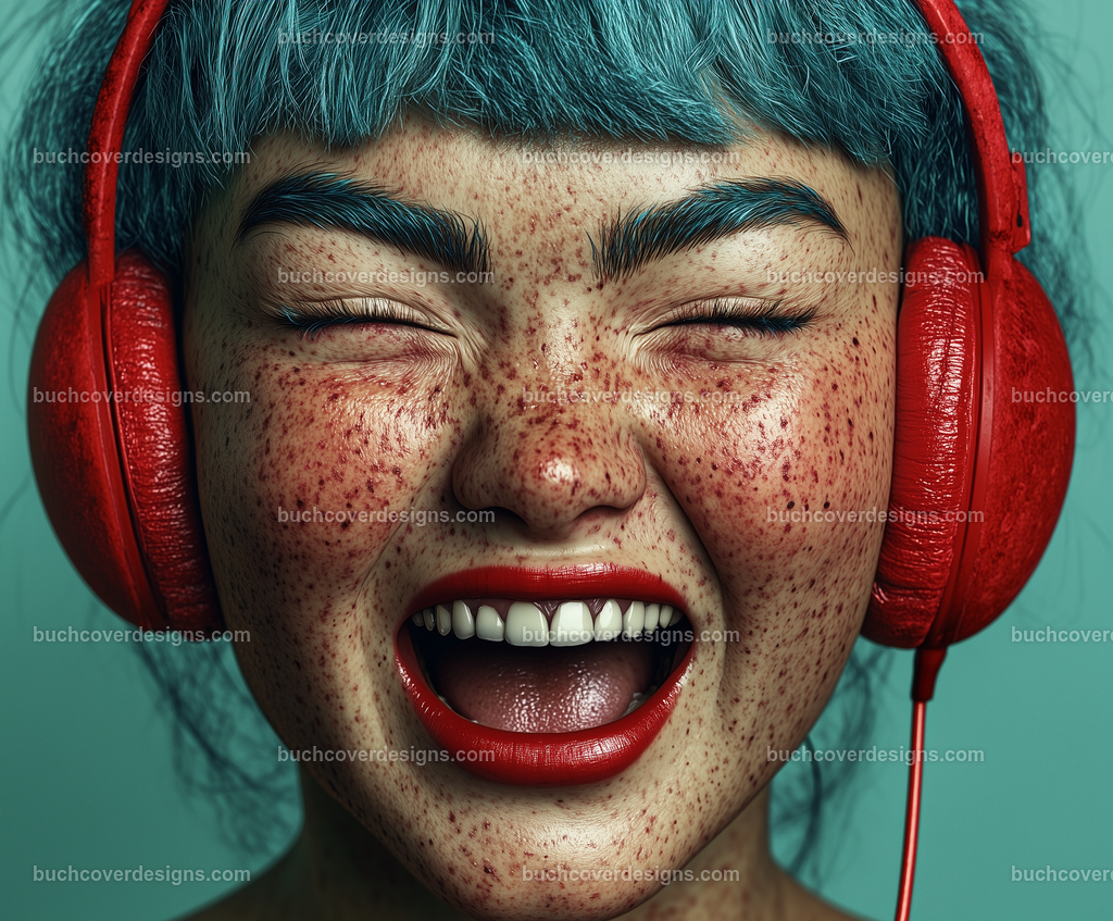 Gesicht einer Frau mit Kopfhörer (12) | girl face with skin freckles ,blue hair spread over the surface of the image, with a red headphone - studio light - vivid colors - high detail - realistic - photo --chaos 35 --ar 6:5 --stylize 50 --weird 1100 --v 6.1 Job ID: dfcb8eb4-1895-4751-be97-410f54014256