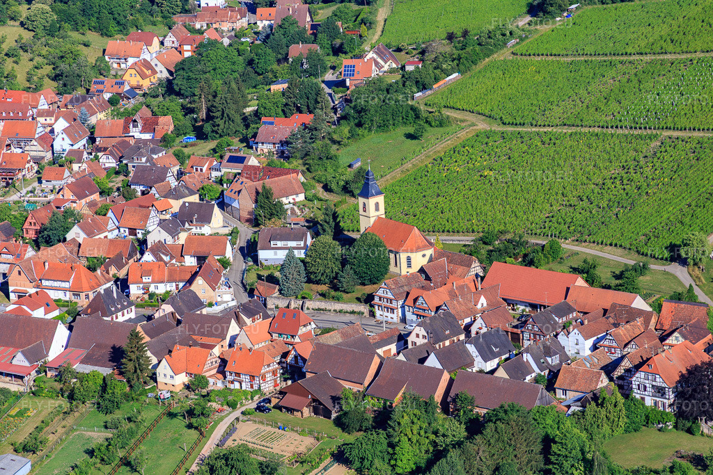 Vue aérienne: Centre du village avec son église vu de l'est à Rott dans le département Bas Rhin, France – .Photo: IMG_083005.jpg prise le 26/06/2015 par Werner Riehm/FLY-FOTO.eu – Résolution de l'original: 5472 x 3648 px