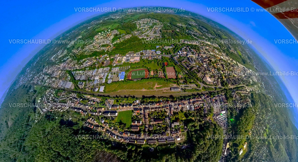 Hagen240590217Haspe-West_Sportanlage-Haspe | Luftbild, Sportanlage und Freizeitanlage Bezirkssportanlage Haspe, neues Basketballfeld, Wohngebiet Waldstraße und Ortsansicht Ortsteil Haspe, Gesamtschule Haspe und Rundturnhalle, Blick auf den Ortsteil Spielbrink, Erdkugel, Fisheye Aufnahme, Fischaugen Aufnahme, 360 Grad Aufnahme, tiny world, little planet, fisheye Bild, Haspe, Hagen, Ruhrgebiet, Nordrhein-Westfalen, Deutschland