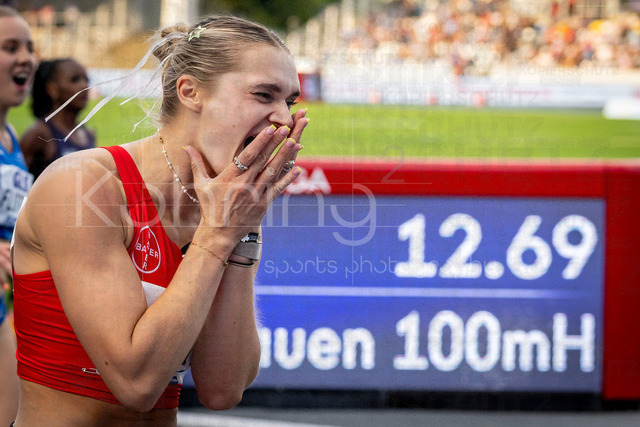Deutsche Leichtathletik-Meisterschaften; Bochum-Wattenscheid, 25.07.2026 | Deutsche Meisterin 100m Hürden Franziska Schuster (TSV&nbsp;Bayer&nbsp;04&nbsp;Leverkusen); Deutsche Leichtathletik-Meisterschaften am 25.07.2026 im Lorheide-Stadion, Bochum-Wattenscheid (Nordrhein-Westfalen).