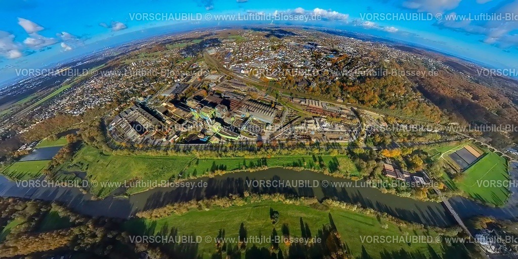 Witten231190038DeutscheEdelstahlwerke-topaz | Luftbild, Werksgelände Deutsche Edelstahlwerke Specialty Steel GmbH & Co. KG Hauptsitz Witten, Blick zur Innenstadt WItten mit Hauptbahnhof Hbf und Bahngleisen, Fluss Ruhr und Ruhraue Ruhrtal, Erdkugel, Fisheye Aufnahme, Fischaugen Aufnahme, 360 Grad Aufnahme, tiny world, little planet, fisheye Bild, , Witten, Ruhrgebiet, Nordrhein-Westfalen, Deutschland