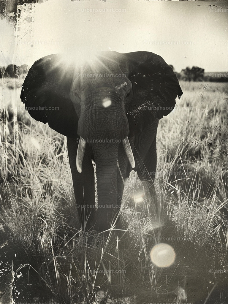 Vintage Little Elephant In The Sun | This vintage-style image captures an elephant in the sunlit savannah, exuding timeless strength and serenity. Ideal for those who love classic and powerful wildlife portraits, it adds a warm and rustic charm to any decor. - Realisiert mit Pictrs.com